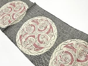 手織り真綿紬丸文に曲線・抽象花模様織出し名古屋帯